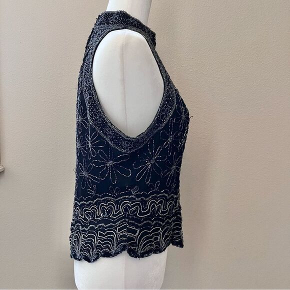 Papell Boutique Evening Beaded Formal Halter Top Black Silver Silk Flowers Large - Picture 6 of 7